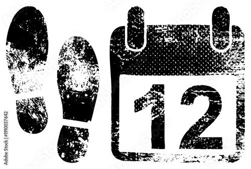 Grunge style footprints beside calendar showing date 12, travel marker, journey, time tracker, step counter, date stamp, walking path.