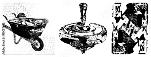Classic halftone vector illustrations wheelbarrow with tools, spinning yo yo, and textured playing card. Retro graphic style, isolated elements,, detailed.