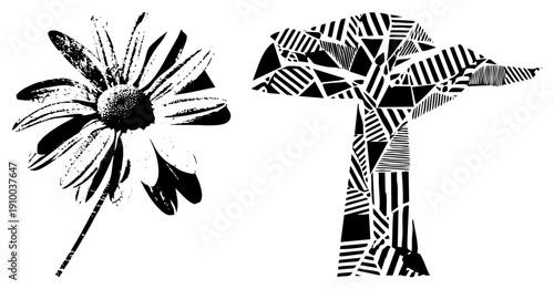 Graphic daisy with textured petals and stem, abstract tree with striped polygonal segments, vector illustration, artistic botanical design, modern minimalist aesthetic.