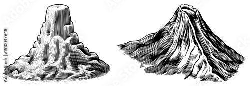 Mountain peaks illustrated with hatching and dot, vintage engraving style, isolated terrain graphics, vector landscape elements.