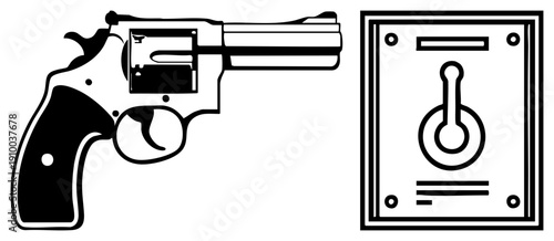 Classic revolver pistol with black grip and silver barrel, paired with antique toggle panel, isolated vector art, mechanical design, retro tech.