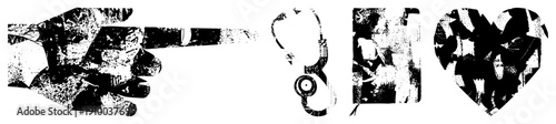 Black and white halftone vector pointing hand, stethoscope, phone, heart. Medical, tech, emotion symbols. Flat design, isolated elements.