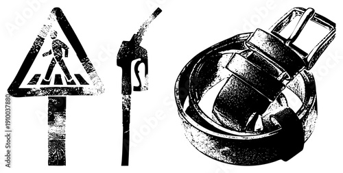 Three isolated vector pedestrian sign, fuel nozzle, and belt buckle, rendered in halftone style with gritty texture. Used for safety, automotive, or fashion contexts.