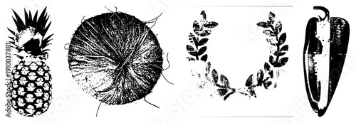 with spiky crown, coconut husk texture, laurel wreath crown, chili pepper silhouette all rendered as bold black vector cutouts with halftone grain, ideal for graphic design or print.