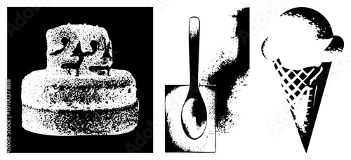 Retro halftone dessert including cake with candles, spoon in glass, and ice cream cone, stylized vector graphics,, dotted texture, food illustration.