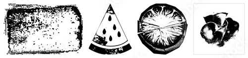Stylized black and white vector illustrations featuring grunge texture, watermelon wedge, citrus slice, and abstract organic forms. Flat design with halftone grain effect.