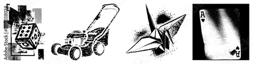 Black/white halftone vector die, mower, crane, card. Geometric, gritty texture. Synonyms graphic, stylized symbol, emblem, dot matrix, stencil art, vector glyph.