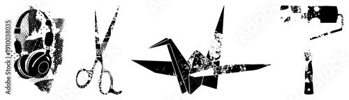 Graphic symbols of headphones, scissors, paper crane, paint roller halftone textured vector, minimalist design, creative tools, craft and art equipment.