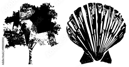 Black and white vector art of tree and scallop, textured grunge style, isolated foreground elements, graphic design assets, nature and marine motifs.