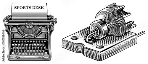 Antique typewriter with paper reading “Sports Desk,” paired with intricate mechanical gear assembly, both rendered in detailed art, ideal for retro design or use.
