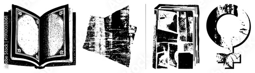 Grunge halftone illustrated books, open and stacked volumes, female gender symbol, retro print style, textured design.