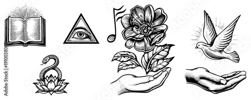 Classic inked symbols including all seeing eye, open book, musical flower, in hands, and serpent on lotus retro tattoo art, spiritual, black and white vector design.