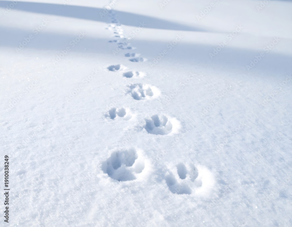 Fototapeta premium Animal paw prints tracking through fresh snow