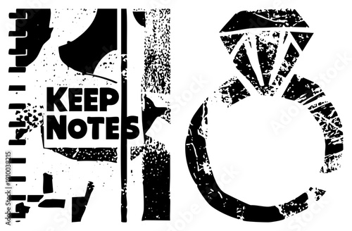 Distressed black and white notebook with "KEEP NOTES" text, paired with a textured diamond ring symbol, both in gritty stencil style for design projects.