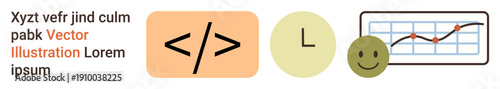 Programming, productivity, data visualization, positive mindset, efficiency, software development. Symbols include coding brackets, clock happy face and graph. Coding and productivity