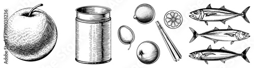 Classic engraved style fruit and fish illustrations, including, lemon, tuna, and tongs, rendered in halftone shading for vintage aesthetic.