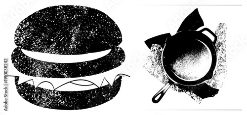 Black and white halftone burger with toothy bun, frying pan with handle, stylized food, graphic design elements, speckled texture, vector art.