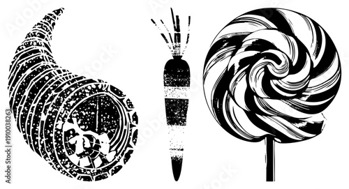 Black and white stylized cornucopia overflowing with fruit, carrot with leafy top, swirl lollipop on stick, halftone texture, graphic design elements.