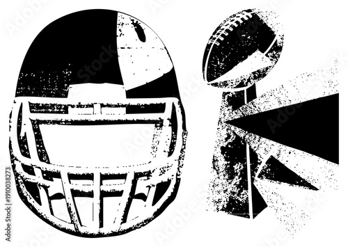 Football helmet with faceguard and Super Bowl trophy, sports championship symbols, NFL gear, game day, black and white vector design.