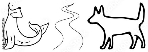 Cartoon seal with fish tail and smiling dog separated by wavy smoke, minimalist art, whimsical animal duo, stylized pet characters.