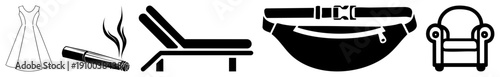 Simple black sundress, smoking cigar, lounge chair, fanny pack, armchair flat vector symbols for lifestyle or travel apps.