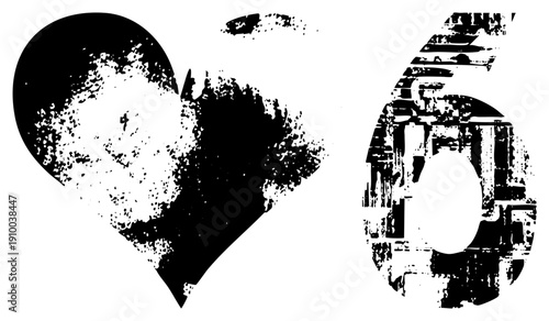 Bold black heart and numeral six with weathered, splattered texture, graphic design elements, halftone effect, vector art, isolated symbols.