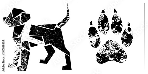Stylized dog with fragmented shapes, paired with textured paw print, vector graphic, design, pet, animal motif.