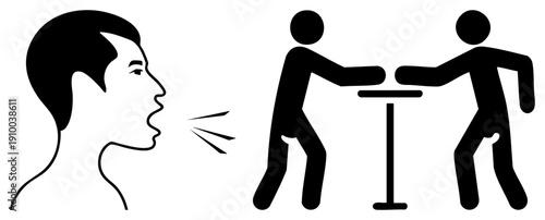 Individual blowing whistle, two people at table, communication gesture, alert, social cue, minimalist, flat design.