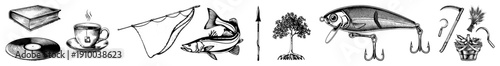 Classic vector book, tea cup, fishing net, spear, tree, fishing lure,, basket, isolated, stylized symbols for design or UI.