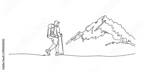 A simple black and white line drawing of a hiker with a backpack walking towards a tall mountain. Vector, illustration
