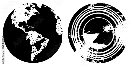 Distressed black and white globe showing Americas, textured ringed planet, vector graphic, abstract cosmic design, isolated elements, halftone effect, digital art.