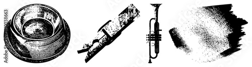 Classic brass trumpet rendered in halftone dot, isolated vector illustration, musical instrument graphic, stylized trumpet design, engraving style.