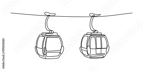 A simple line drawing of two gondola cable cars hanging from a transport wire in the air. Vector, illustration
