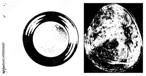 Stylized black and white vector art featuring a halftone circle and textured sphere, graphic design elements, minimalist composition, aesthetic, digital illustration.
