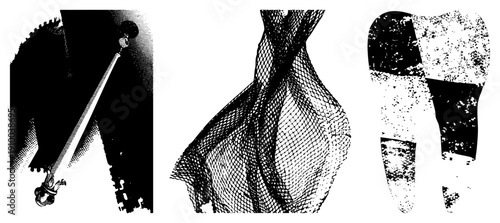 Black and white halftone forming abstract shapes, mesh textures, fragmented forms, graphic design elements, vector art, stylized composition.