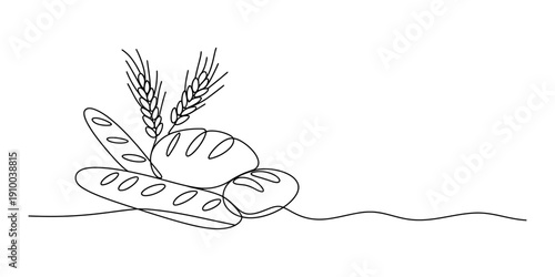 A simple line drawing of various types of bread including baguettes and loaves with wheat stalks. Vector, illustration
