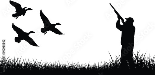 Silhouette of a hunter aiming a shotgun at flying ducks over a grassy field landscape isolated on a white background for outdoor sports.