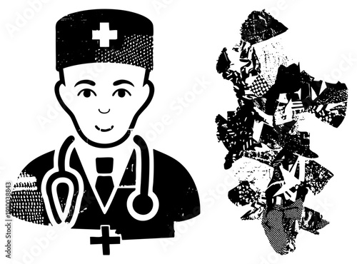 Doctor wearing cap with, stethoscope around neck, abstract medical symbol collage, healthcare worker, medical illustration, black and white vector.
