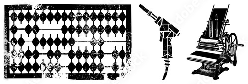 Classic abacus beads, antique typewriter, old printing press retro tech tools, historical calculation and communication devices, vector illustrations.