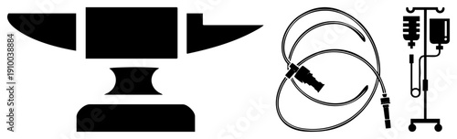 Forge anvil silhouette, medical IV and stand, black vector, healthcare and craftsmanship symbols, isolated graphic elements.