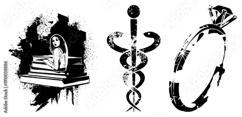 Ancient Greek medical symbol with snakes and wings, distressed graphic, healthcare emblem, medical, stylized caduceus, vector illustration.