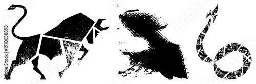 Abstract animal silhouettes rendered in geometric and halftone styles, vector for design, isolated bull, stylized bird, segmented snake, graphic elements.