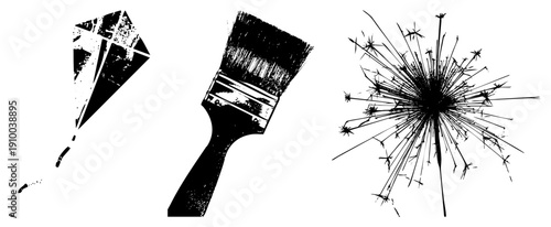 Vector illustration of paintbrush, dandelion fluff, and stylized kite with distressed texture, art, creative tools, isolated graphic elements.