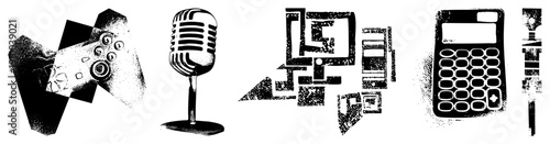 Retro tech rendered in halftone vector style microphone, gamepad, calculator, phone. Classic black and white graphic design with grainy texture. Perfect for UI, print, or digital.