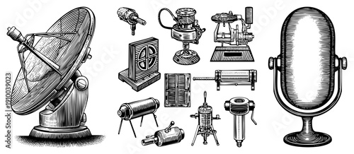 Classic broadcasting gear including satellite dish, microphone, vacuum tubes, and early devices, rendered in precise technical illustration style.