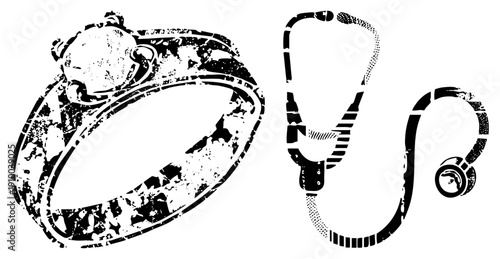 Distressed black and white ring with gemstone and stethoscope, medical, healthcare symbols, graphic design elements, halftone texture, vector illustration.