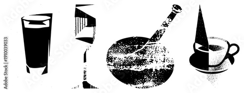 Stylized drink illustrations using halftone textures, including glass, wine glass, mortar, and cup, rendered in bold black and white vector art.