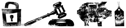 Lock for security, gavel for justice, piggy bank for savings, discount tag for sales all in halftone vector style, isolated elements for design use.