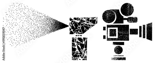 Retro movie camera with halftone dot and cracked texture, film reel, classic cinema equipment, analog gear, black and white vector illustration.