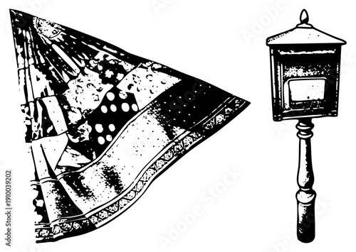 Black and white halftone illustration of waving flag with design, beside classic postbox, vector art, isolated graphic, historical postal symbol.